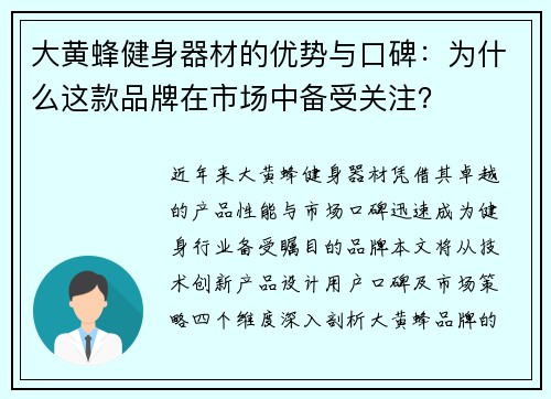 大黄蜂健身器材的优势与口碑：为什么这款品牌在市场中备受关注？